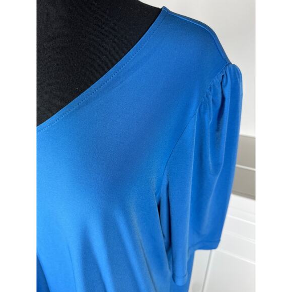 Susan Graver Liquid Knit Short Sleeve Blouse Top Solid Blue Sz 2X Casual Office - Picture 5 of 11